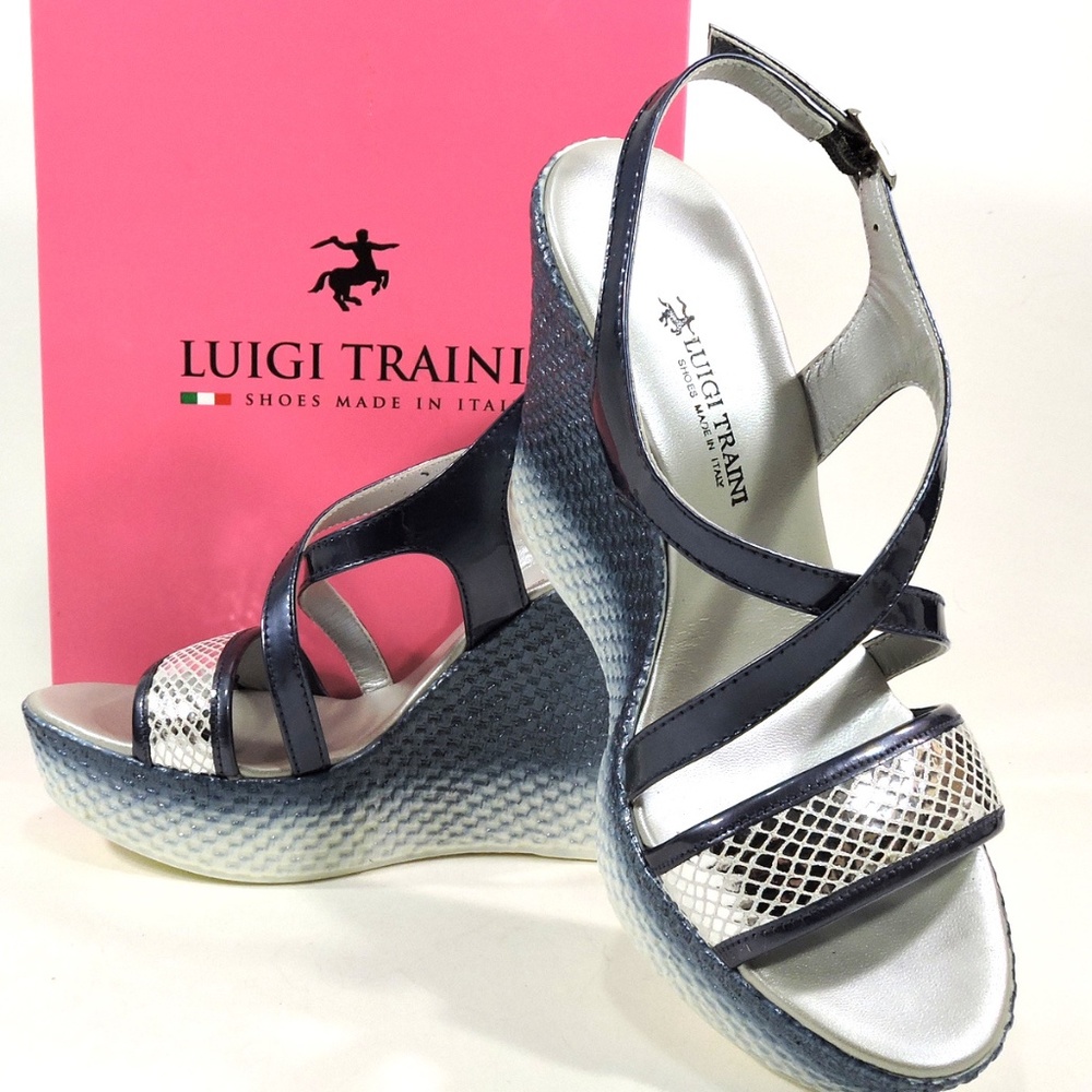 LUIGI TRAINI🇮🇹BLUE LEATHER PLATFORM SANDALS - Picture 7 of 7